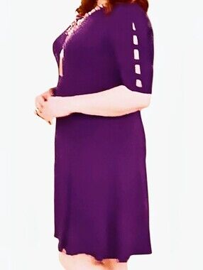 Susan Graver XL Liquid Knit Dress Lattice Cut Sleeves Deep Purple Orchid